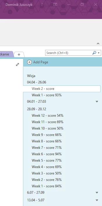 Strony dla poszczególnych tygodni - struktura w notatniku