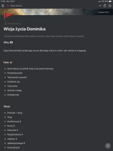 Wizja, aspiracje w Notion