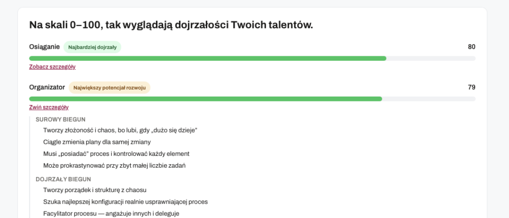 Przykładowy wynik diagnozy dojrzałości talentów: Osiąganie 80 – najbardziej dojrzały, Organizator 79 – największy potencjał rozwoju, z rozwiniętymi szczegółami: surowy biegun, dojrzały biegun, jak rozwijać i mikro-nawyk.